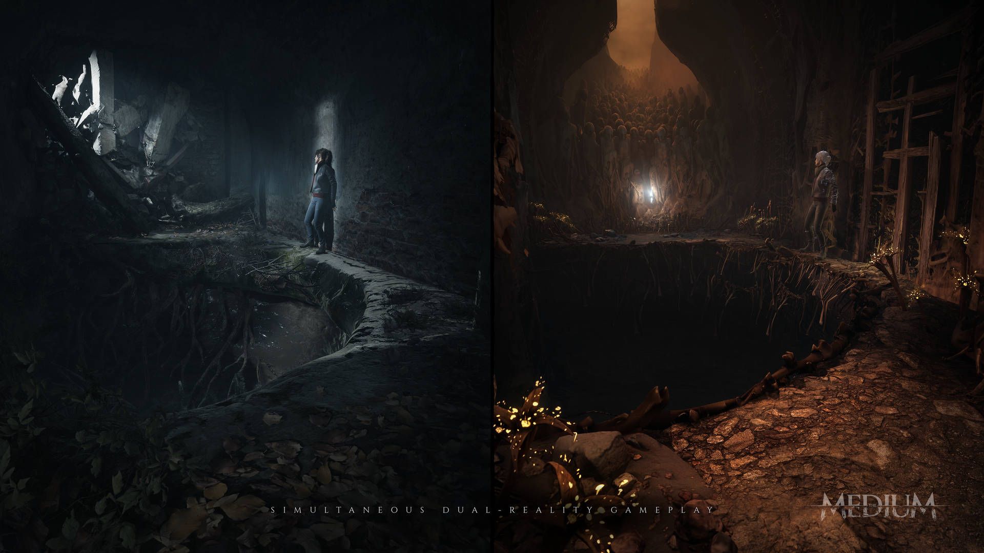 A split screen image from the game The Medium showing the main charater in both the in-game world and the spirt world