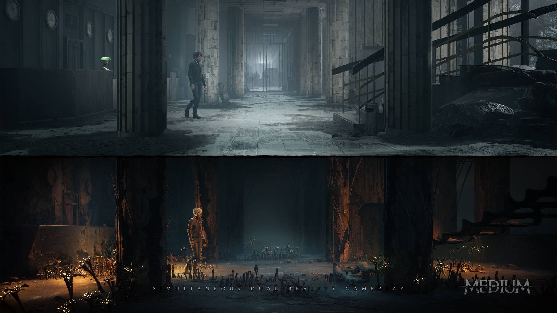 In-game split-screen visual from the game The Medium showing the main character Marianne in the lobby of the ababandoned hotel.